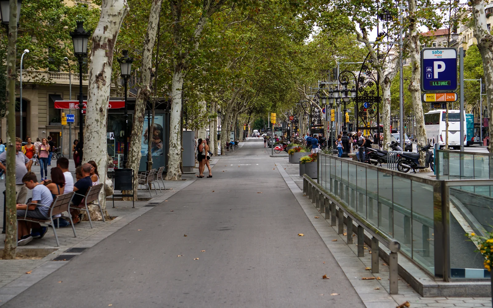 La Rambla, Barcelona, tree-lined promenade by day